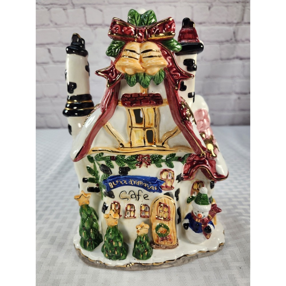 Blizzardpoint Cafe Ceramic Tea Lite Candle House Christmas Cafe Gold Accents